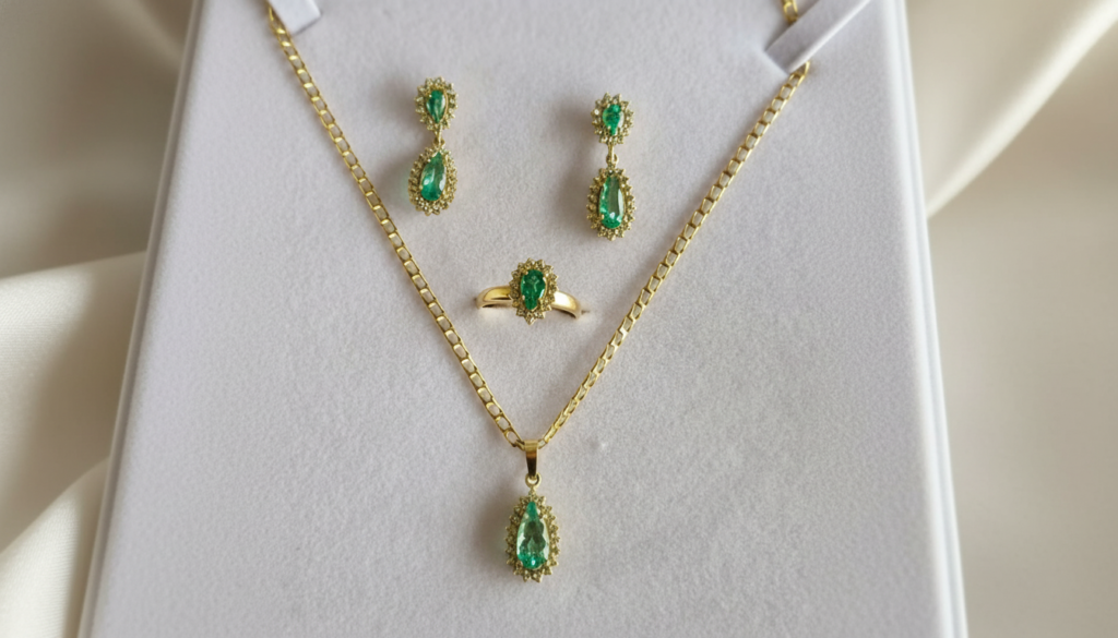 Conjunto em ouro 18k amarelo com esmeraldas e diamantes sobre busto branco