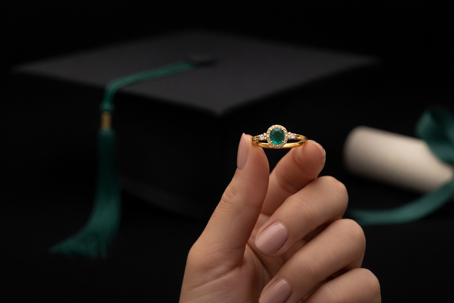 Mão segurando anel delicado de ouro 18k com esmeralda e diamantes, com chapéu e diploma de formatura ao fundo