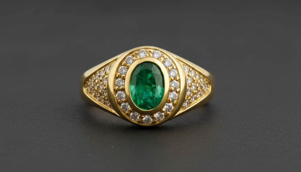 Anel em ouro 18k amarelo com esmeralda oval central e diamantes