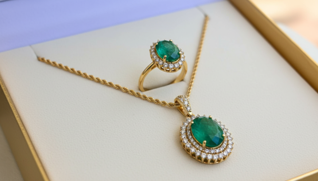 Conjunto em ouro 18k com esmeraldas e diamantes sobre fundo claro