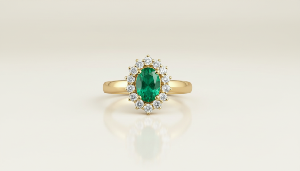 Anel em ouro 18k amarelo com esmeralda oval e diamantes sobre fundo claro
