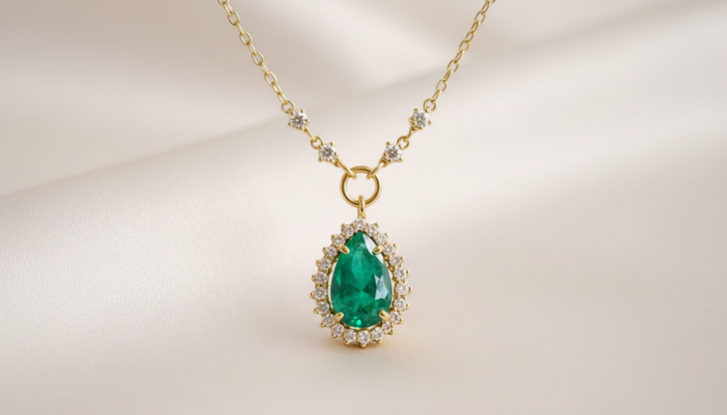 Pingente em ouro 18k amarelo com esmeralda central e diamantes