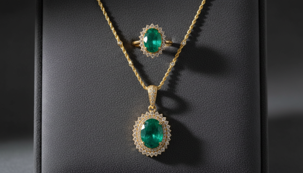 Colar em ouro 18k amarelo com esmeraldas e diamantes sobre fundo escuro