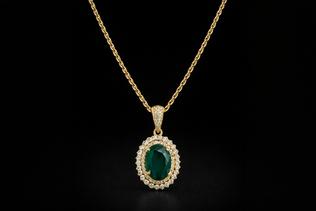 Colar de ouro 18k com pingente oval de esmeralda e halo de diamantes em fundo preto.