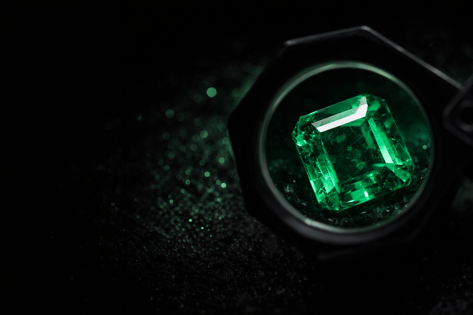Esmeralda em close sob lupa, lapidação quadrada, com partículas ao redor em fundo escuro.