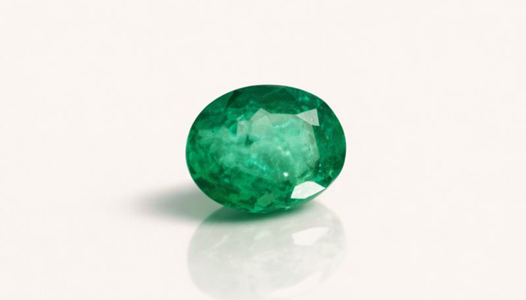 Gema verde oval facetada sobre fundo claro