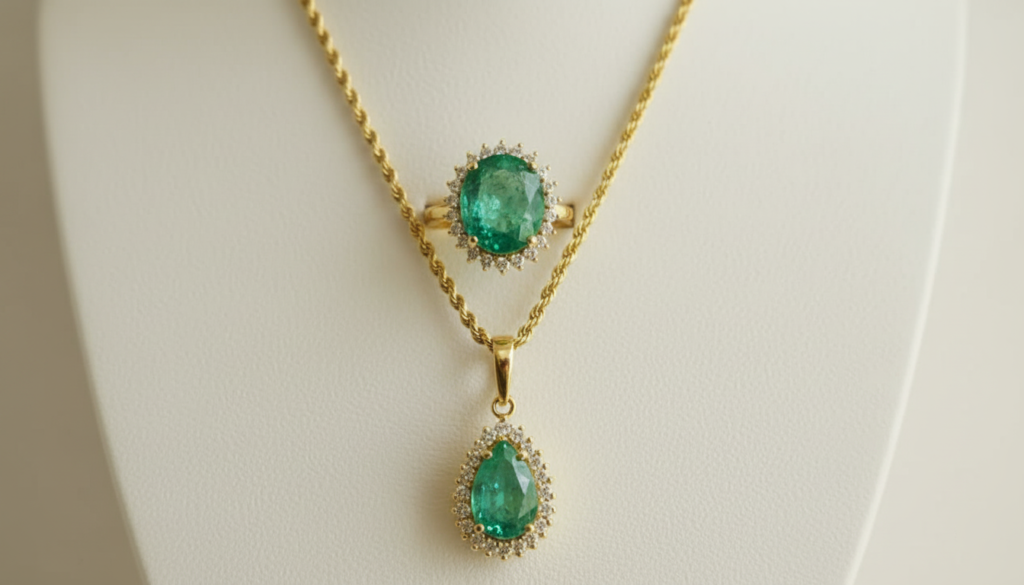 Colar em ouro 18k amarelo com duas esmeraldas em gota e detalhe superior com diamantes