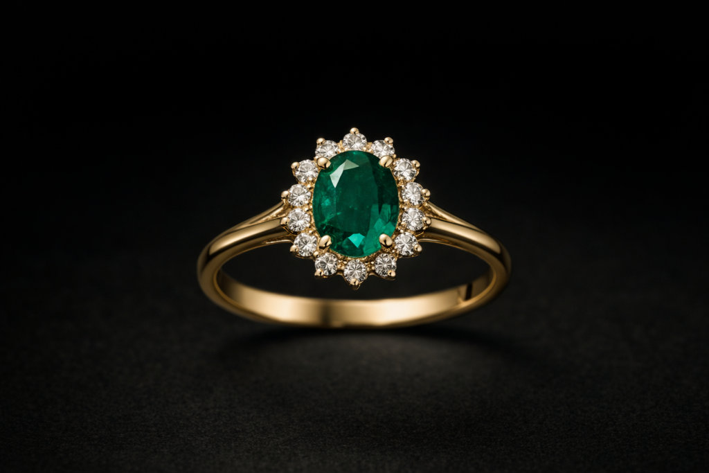 Anel de ouro 18k com esmeralda oval e halo de diamantes em fotografia premium de alta joalheria.