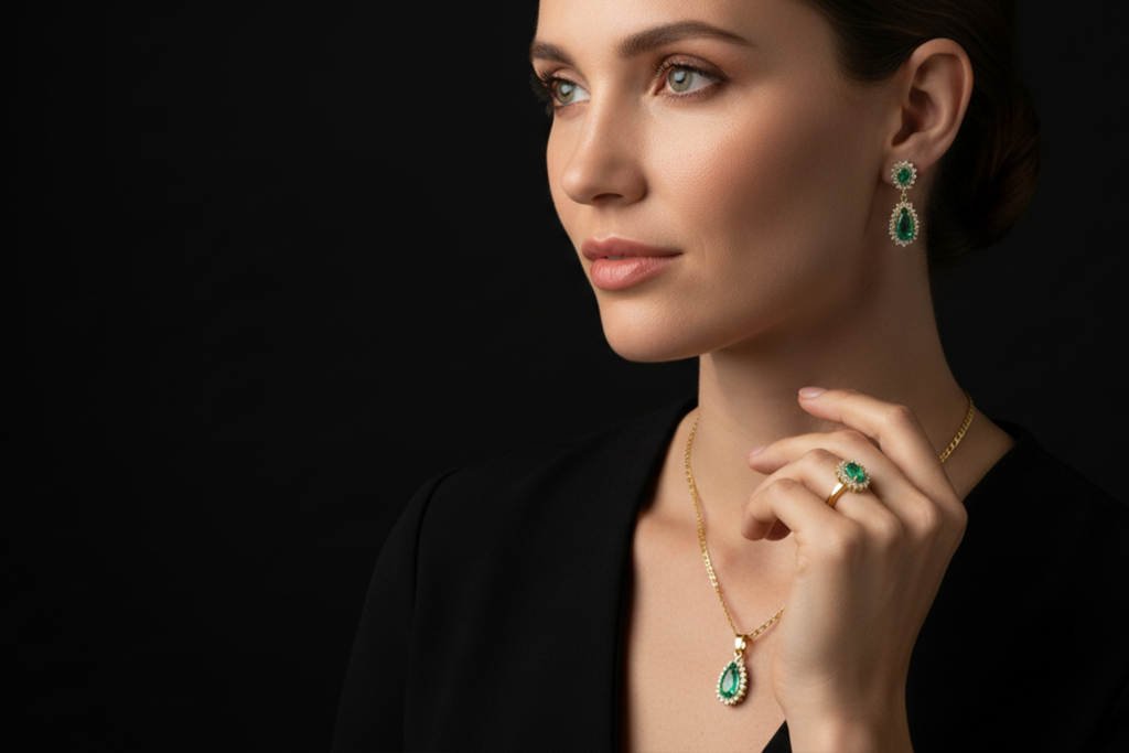 Modelo usando conjunto de joias em ouro 18k com esmeraldas: brinco, colar com pingente e anel VENERANDA