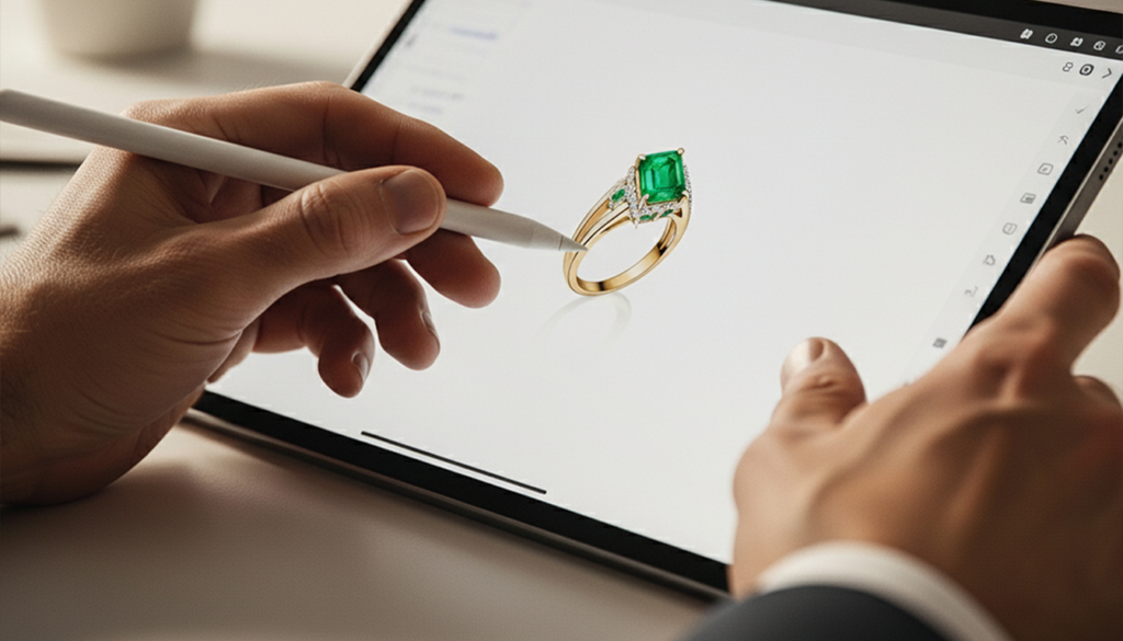 Mão masculina desenhando anel com esmeralda em tablet, em processo de criação de joia personalizada.
