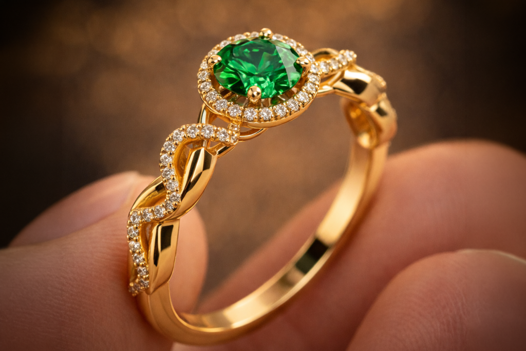 Anel de ouro amarelo 18k com esmeralda central e halo de diamantes em fotografia editorial de alta joalheria