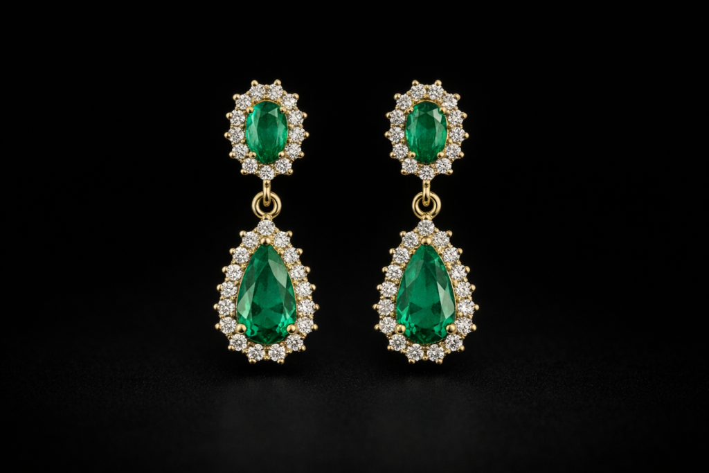 Brincos longos de ouro 18k com esmeraldas em gota e diamantes, fotografados em fundo preto.
