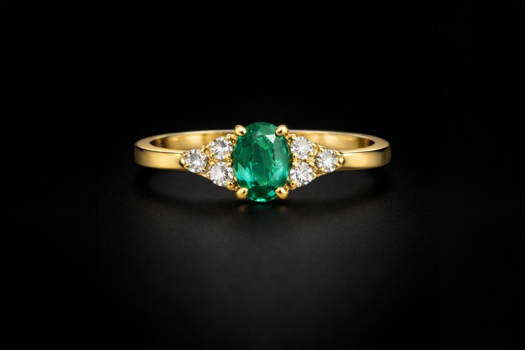Anel de ouro 18k com esmeralda central e diamantes laterais em fundo preto.