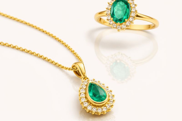 Conjunto ouro 18k: colar com esmeralda em gota e halo de diamantes, anel com esmeralda oval e diamantes, fundo ivory.