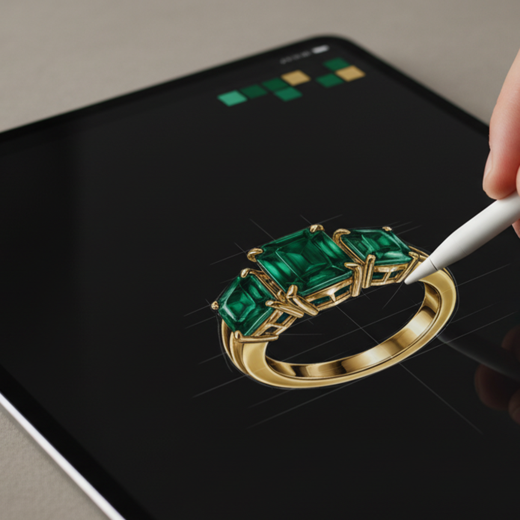 Stylus ajustando desenho de anel em ouro 18k com esmeraldas na tela de um tablet, em close.